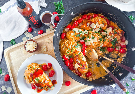 Kinzie Fiery BBQ Chicken Parmesan Pasta Skillet