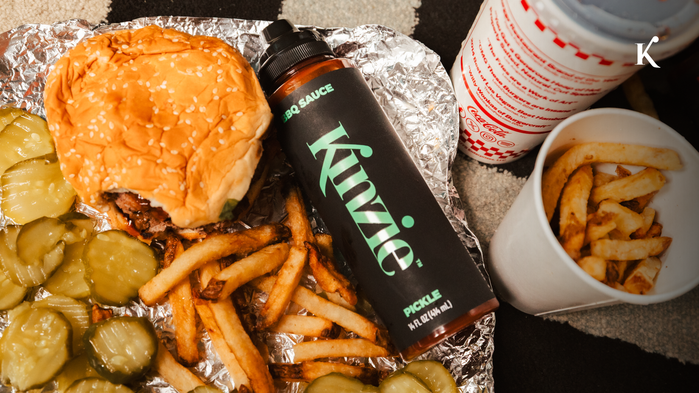Burger and chips with Kinzie sauce