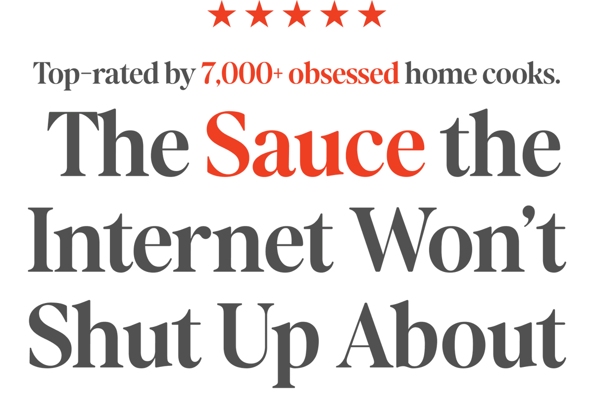 Promotional text for 'The Sauce' with a rating and description on a white background