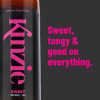 Kinnie Sweet BBQ Sauce bottle with pink text on a dark background