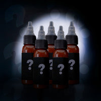 Set of six brown bottles with question marks on black labels against a dark background