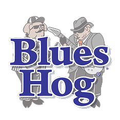 Logo of Blues Hog with two musicians playing guitar and banjo on a white background